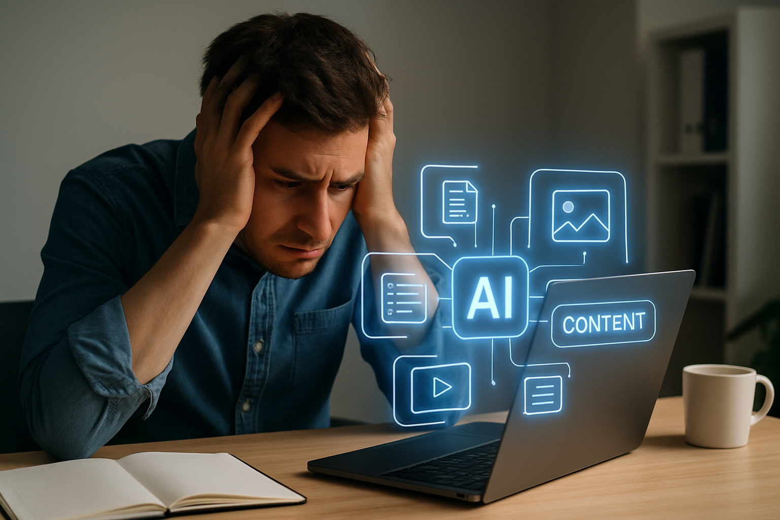A small business owner sitting at a desk looking overwhelmed by content tasks, with a glowing AI dashboard interface appearing on the screen in front of them, symbolizing the shift from manual to automated content creation
