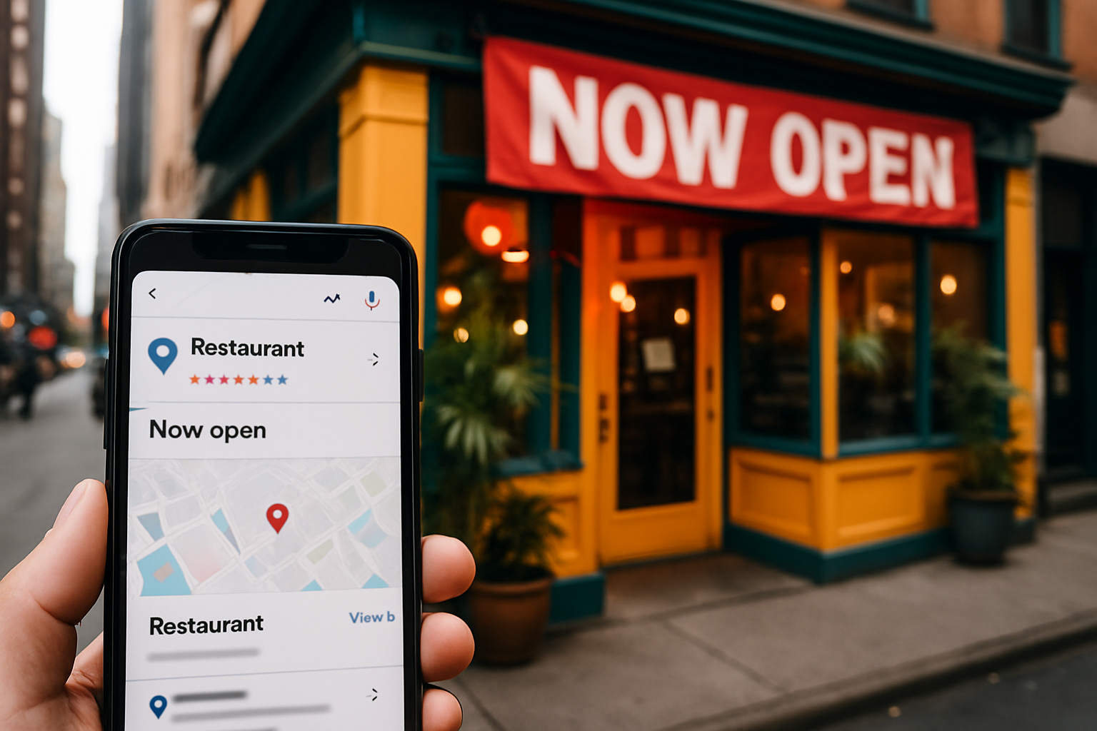 A vibrant restaurant exterior with a "Now Open" sign, a smartphone screen showing Google Maps with a 5-star rating, and local search results highlighting the restaurant at the top of the page in a busy city setting