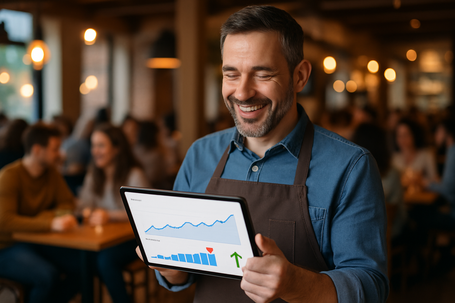 A cheerful restaurant owner smiling at a tablet showing increasing website traffic graphs and Google ranking improvements, with a busy, warmly lit dining room full of happy customers visible in the background