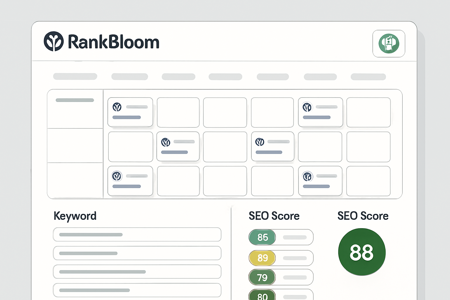 A clean, modern screenshot-style illustration of the RankBloom SEO dashboard showing a content calendar with auto-scheduled WordPress posts, keyword targets, and SEO scores, with a small business logo in the corner representing the user