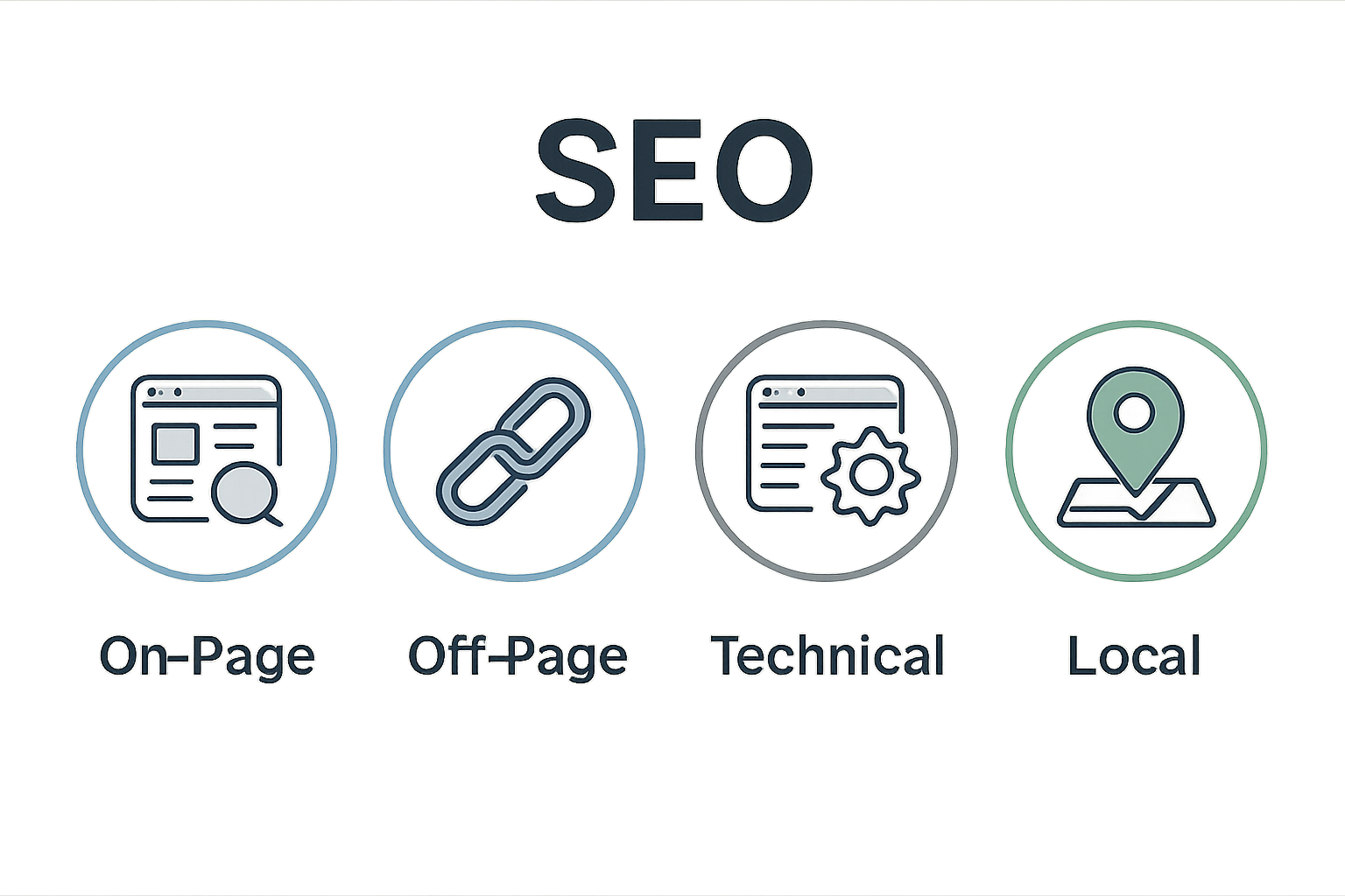 An infographic showing the four types of SEO — On-Page, Off-Page, Technical, and Local — each represented by a distinct icon and brief label