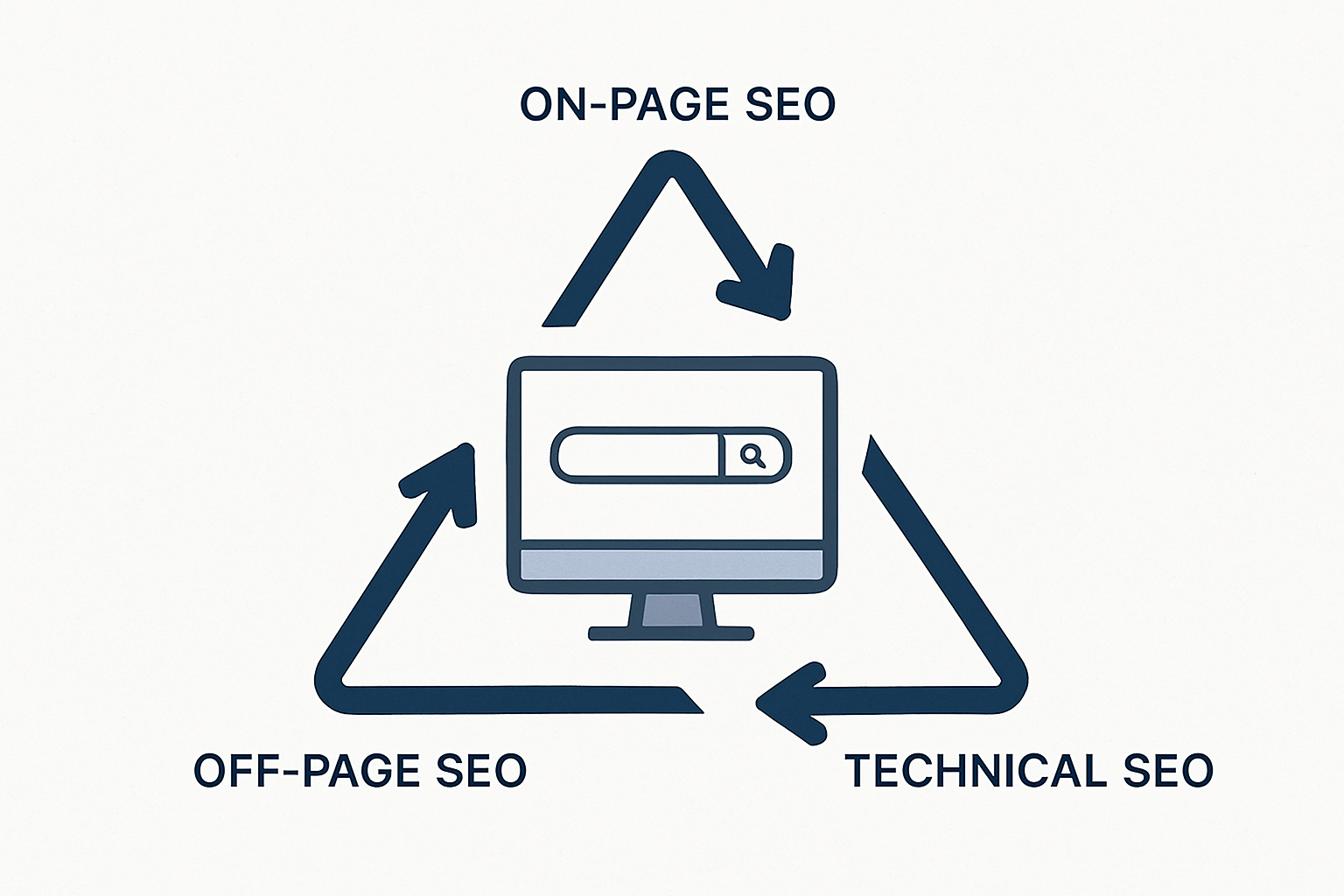 A visual diagram showing the three pillars of SEO — on-page, off-page, and technical SEO — connected like a triangle with a search engine at the center