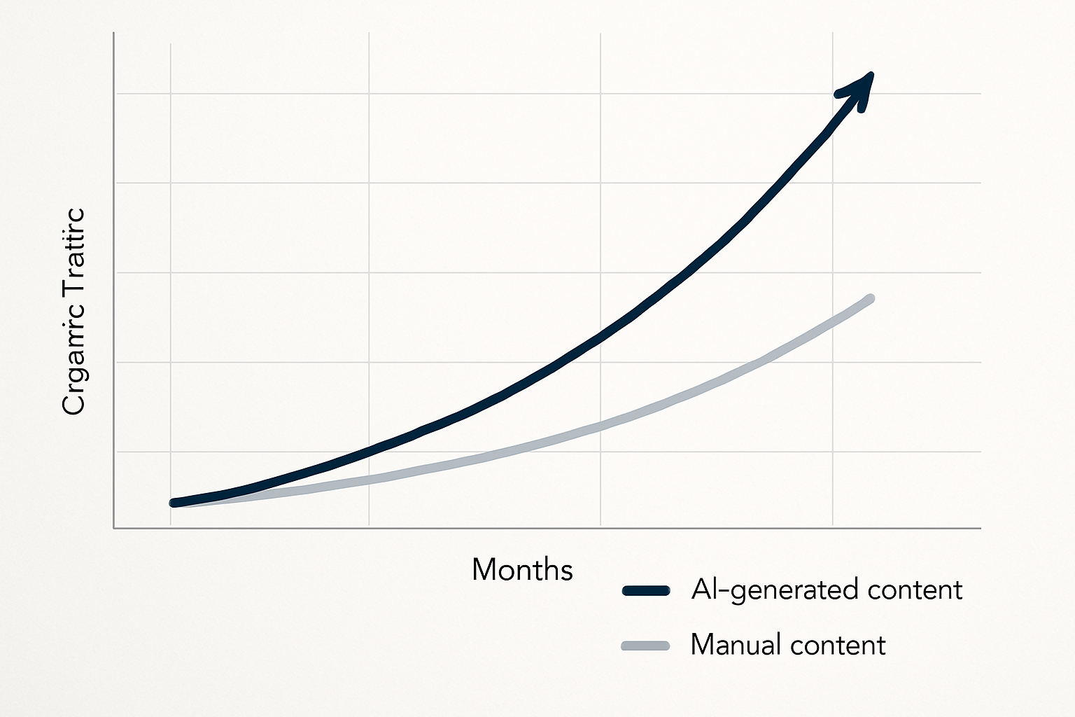 A side-by-side comparison graphic showing organic traffic growth over six months for a small business using AI generated SEO content versus traditional manual content creation, with the AI-assisted line trending significantly higher