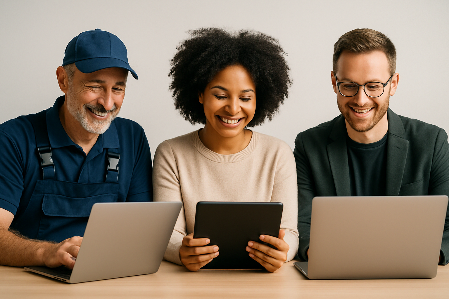 A diverse group of small business owners — including a local plumber, an e-commerce store owner, and a digital agency manager — each reviewing AI generated SEO content articles on their laptops and tablets with positive expressions