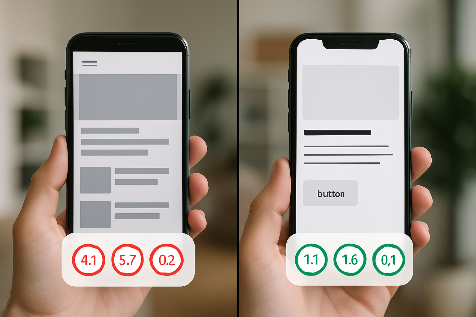 A split-screen comparison showing a slow, poorly structured website versus a fast, clean, mobile-optimized website, with Core Web Vitals scores displayed beneath each version