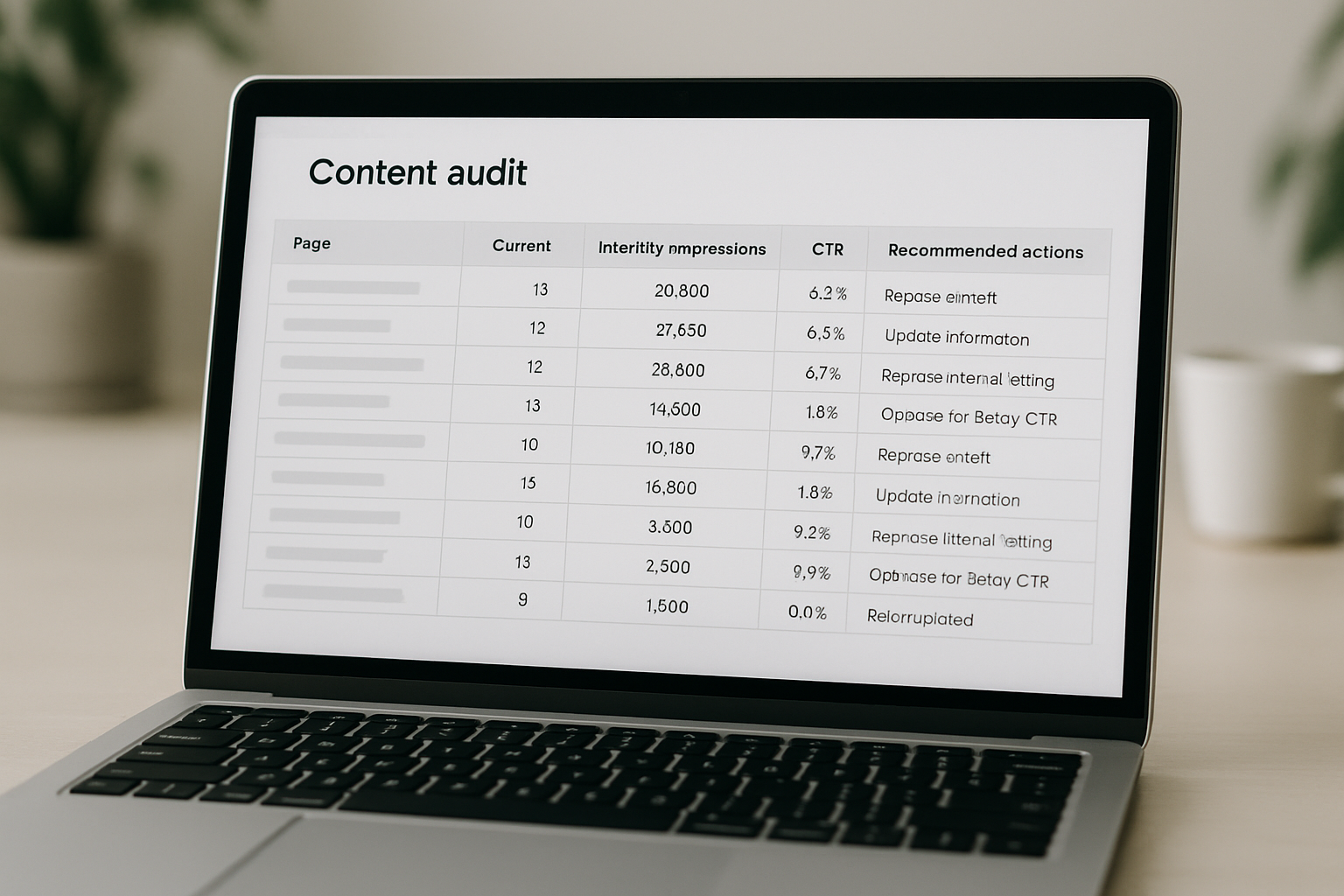 A content audit spreadsheet showing a list of web pages with columns for current ranking position, monthly impressions, CTR, and recommended optimization actions, displayed on a laptop screen