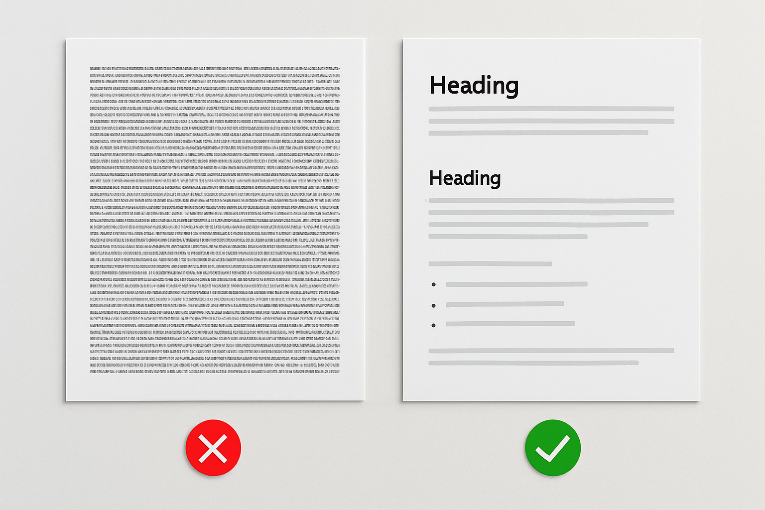 A side-by-side comparison infographic showing a poorly structured article with walls of text on the left, versus a well-structured SEO article with headings, bullet points, and short paragraphs on the right, with green checkmarks highlighting best practices