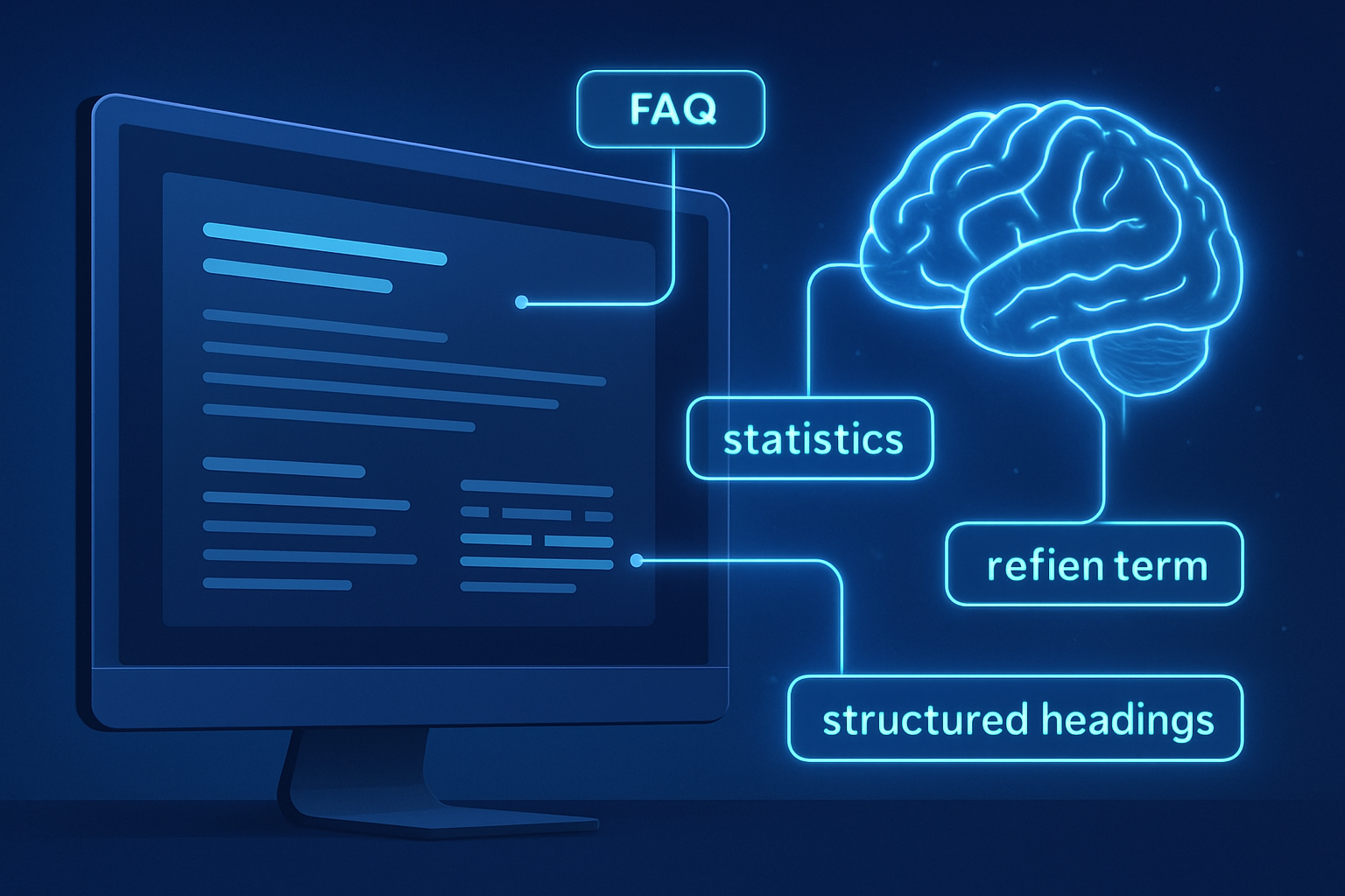 A futuristic digital illustration showing a web page being analyzed by an AI system, with glowing annotation lines pointing to FAQ sections, statistics, defined terms, and structured headings — representing Generative Engine Optimization in action