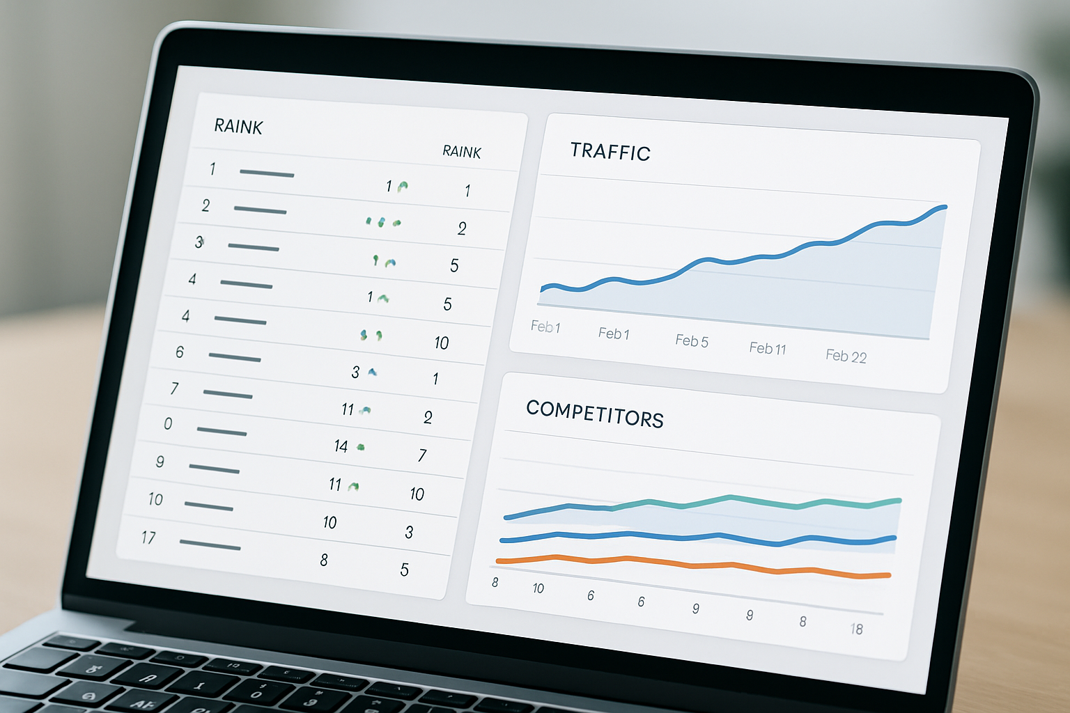 A clean dashboard screenshot of a keyword tracking tool showing rank positions, traffic trends, and competitor comparison charts on a modern desktop interface
