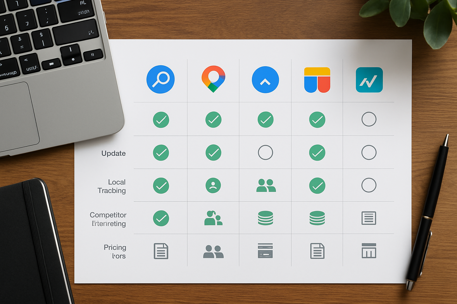 An infographic comparing five popular keyword tracking tools side by side, showing features like update frequency, local tracking, competitor monitoring, pricing tiers, and reporting capabilities