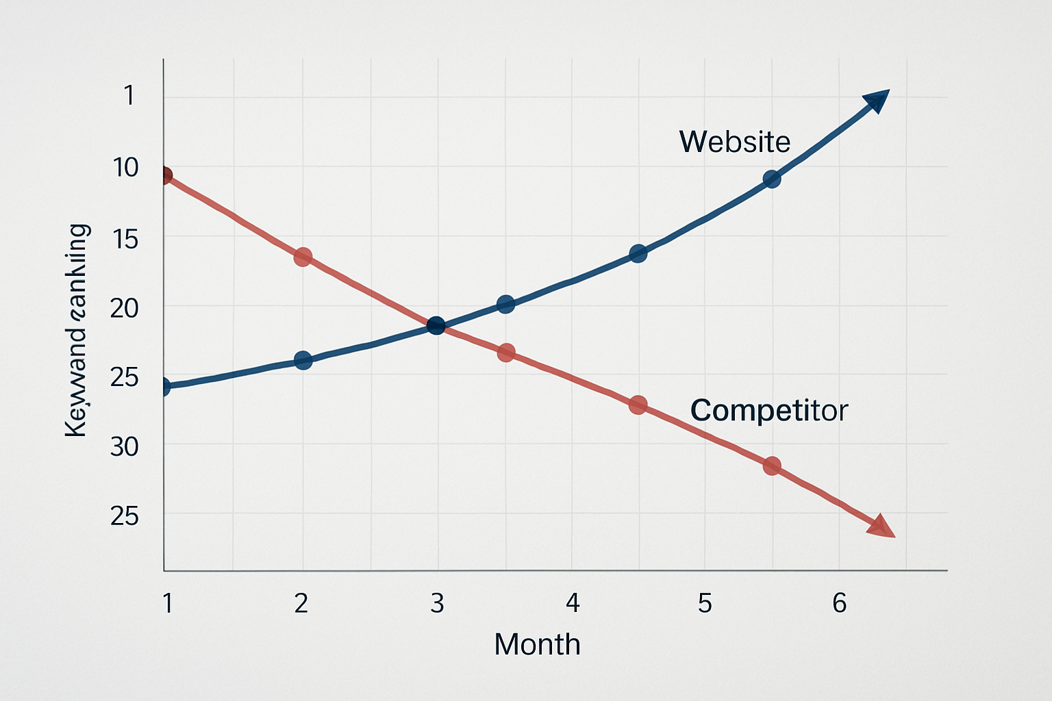 A side-by-side graph showing a website's keyword ranking improvements over six months compared to a competitor's declining positions, with labeled trend lines and key milestone markers