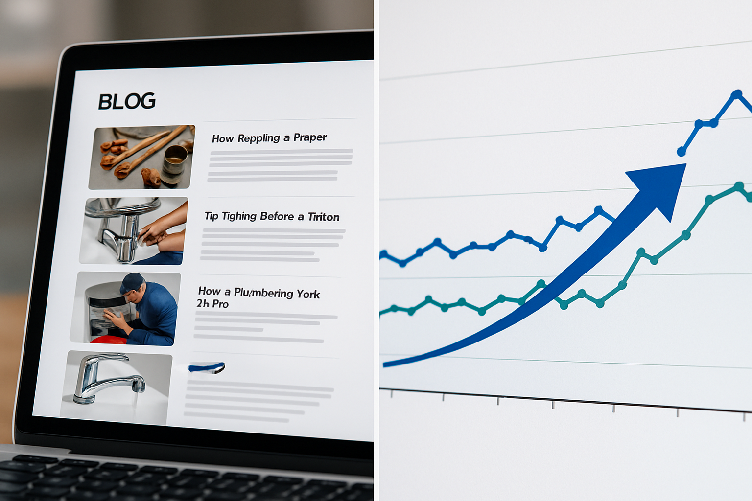 A split-screen graphic showing a plumbing company blog with multiple local SEO articles on the left, and a rising graph of website traffic and phone call volume on the right