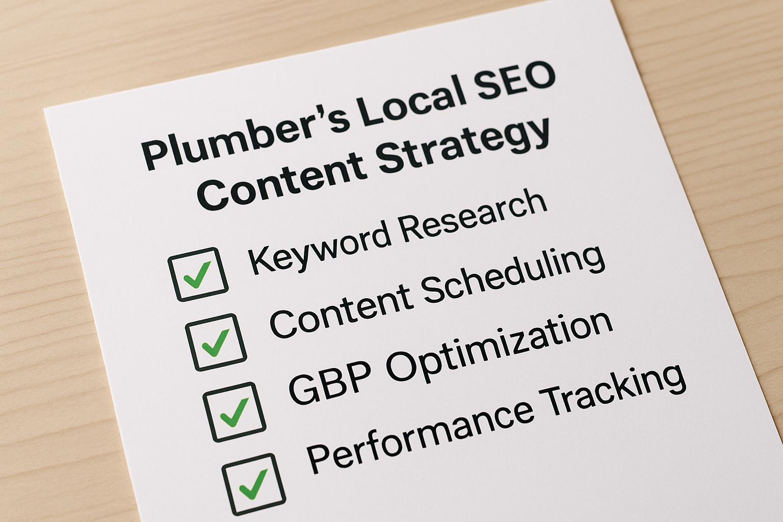 A checklist graphic titled "Plumber's Local SEO Content Strategy" showing steps like keyword research, content scheduling, GBP optimization, and performance tracking with green checkmarks beside each completed item