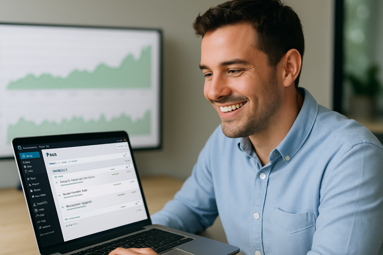 A small business owner smiling at a laptop screen showing a WordPress dashboard with newly published SEO blog posts, green analytics charts visible in the background