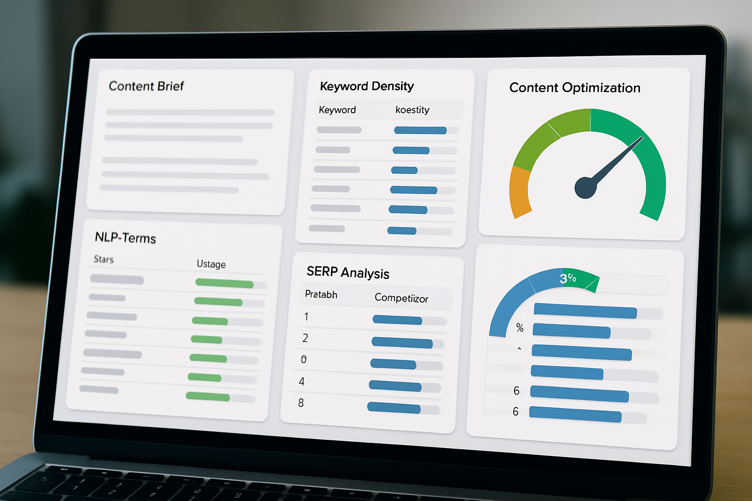 Dashboard screenshot of a dedicated AI SEO platform showing a content brief with keyword density scores, NLP term recommendations, SERP competitor analysis, and a real-time content optimization score meter