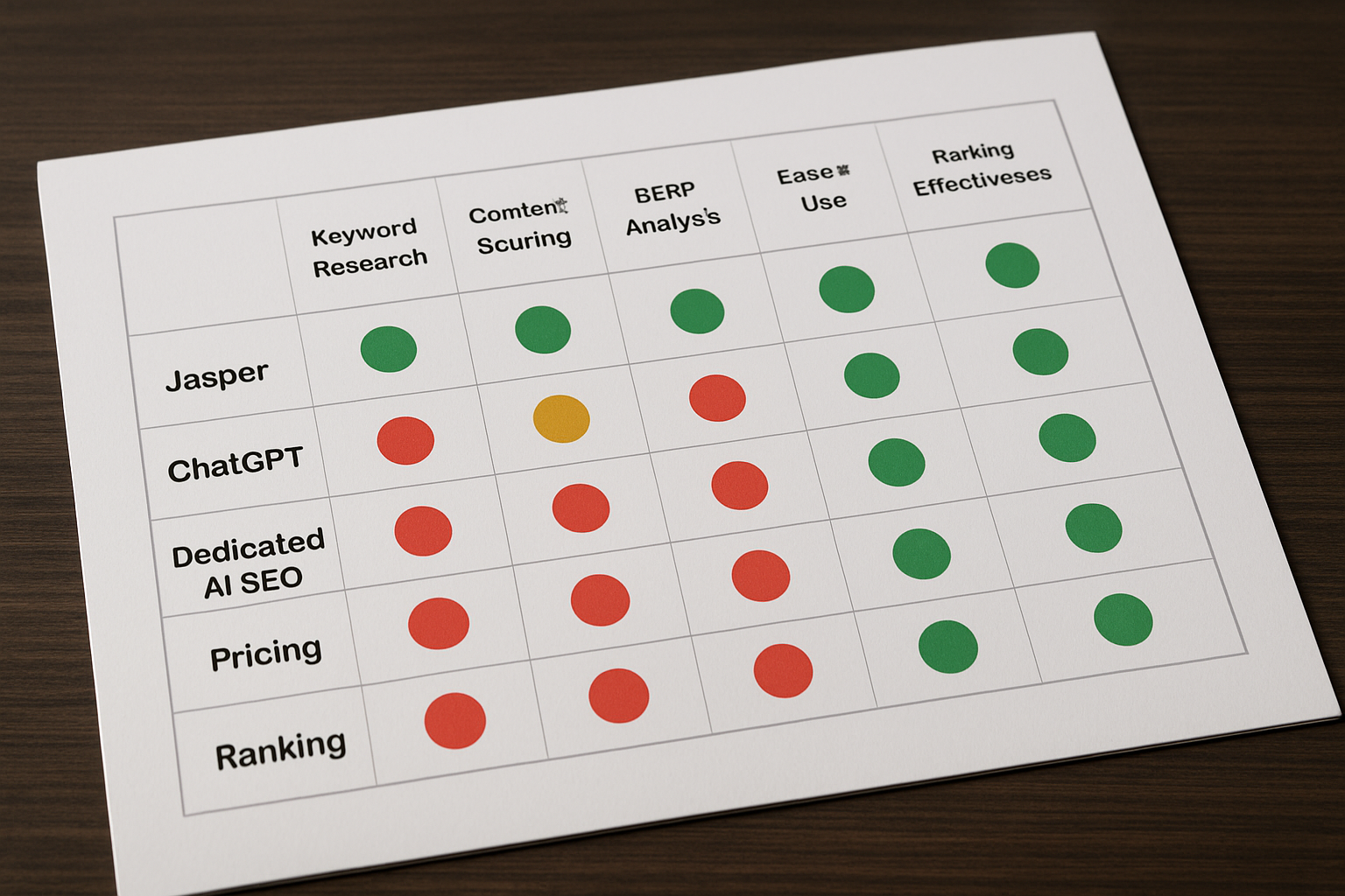 Comparison table graphic showing Jasper vs ChatGPT vs dedicated AI SEO platforms rated across six criteria: keyword research, content scoring, SERP analysis, ease of use, pricing, and ranking effectiveness, with color-coded ratings for each