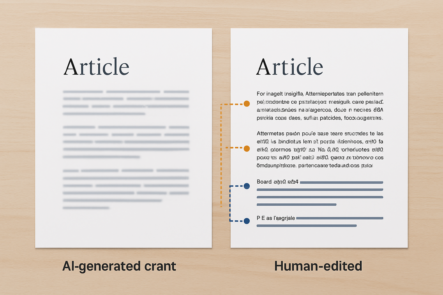 A side-by-side comparison graphic showing a raw AI-generated content draft on the left versus a polished, human-edited version on the right, with annotations highlighting added expert insights, fact-checked statistics, brand voice edits, and E-E-A-T signals