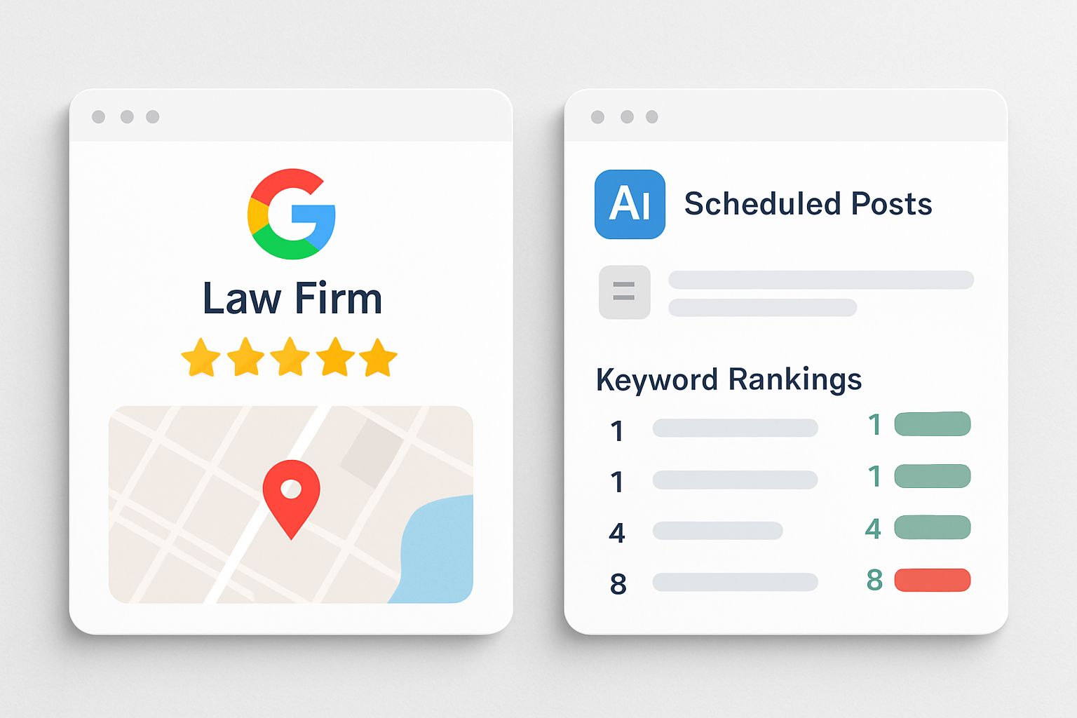 A split-screen graphic showing a Google Business Profile listing for a law firm on the left with five-star reviews and a map pin, and an AI content dashboard on the right displaying scheduled blog posts and keyword rankings, modern flat design style