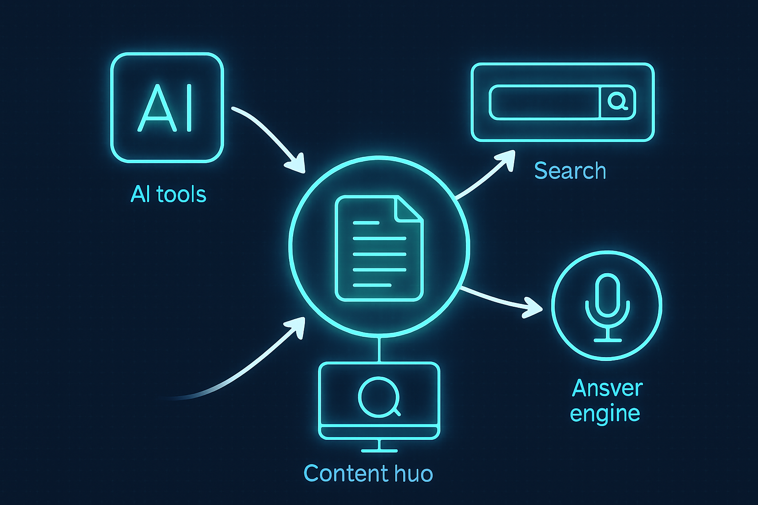 Futuristic illustration of a connected SEO content ecosystem — AI tools feeding into a central content hub, with arrows showing content flowing to search engines, voice assistants, and answer engines simultaneously