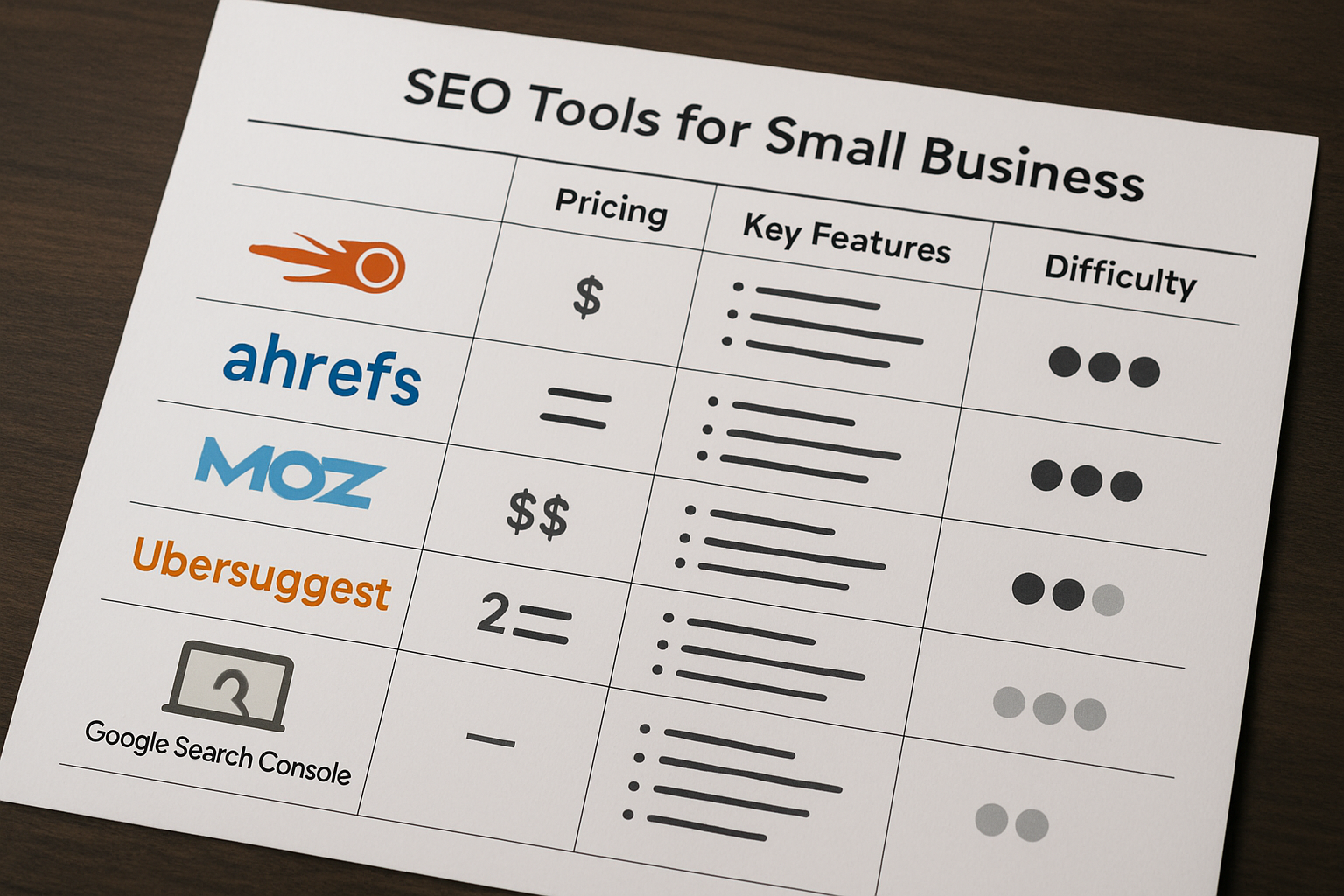 A side-by-side comparison chart showing the pricing, key features, and difficulty ratings of the top 5 SEO tools for small business including Semrush, Ahrefs, Moz, Ubersuggest, and Google Search Console