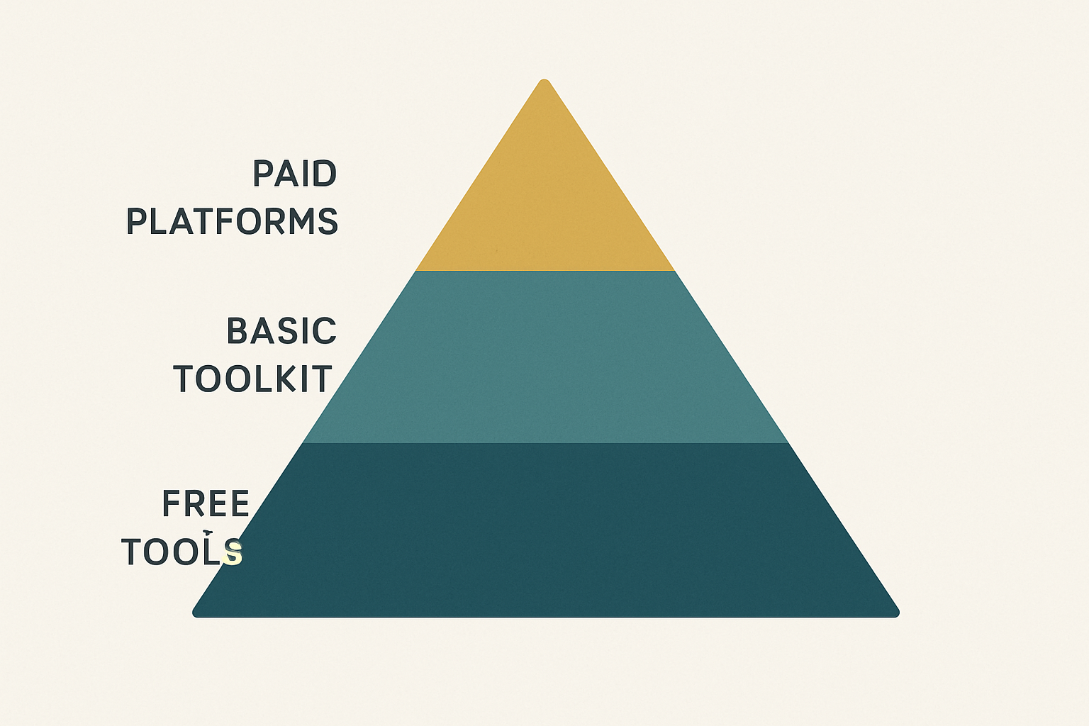 An infographic showing a step-by-step guide for small businesses to set up their SEO toolkit, starting with free tools at the base and progressing to paid platforms as the business grows, displayed as a pyramid diagram