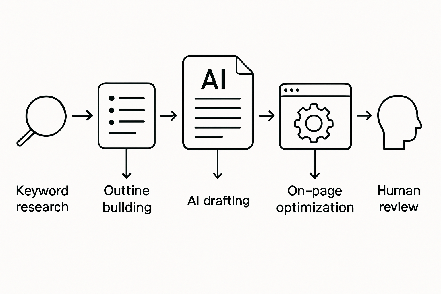 A detailed flowchart diagram showing the five stages of automated SEO content generation — keyword research, outline building, AI drafting, on-page optimization, and human review — with arrows connecting each stage and icons representing each step