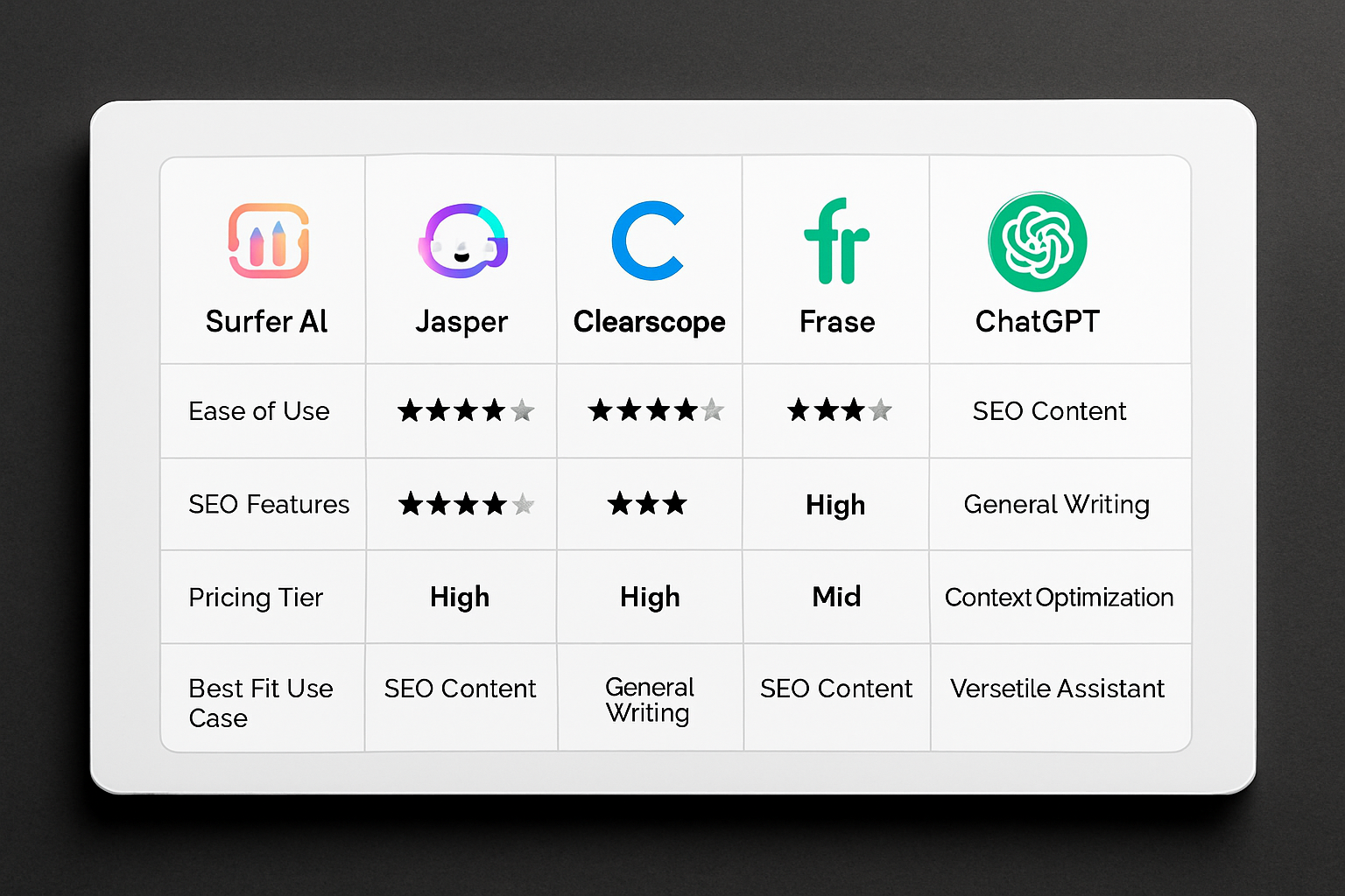 A clean comparison table graphic showing five AI content generation tools side by side — Surfer AI, Jasper, Clearscope, Frase, and ChatGPT — with ratings for ease of use, SEO features, pricing tier, and best-fit use case displayed in a modern dashboard style