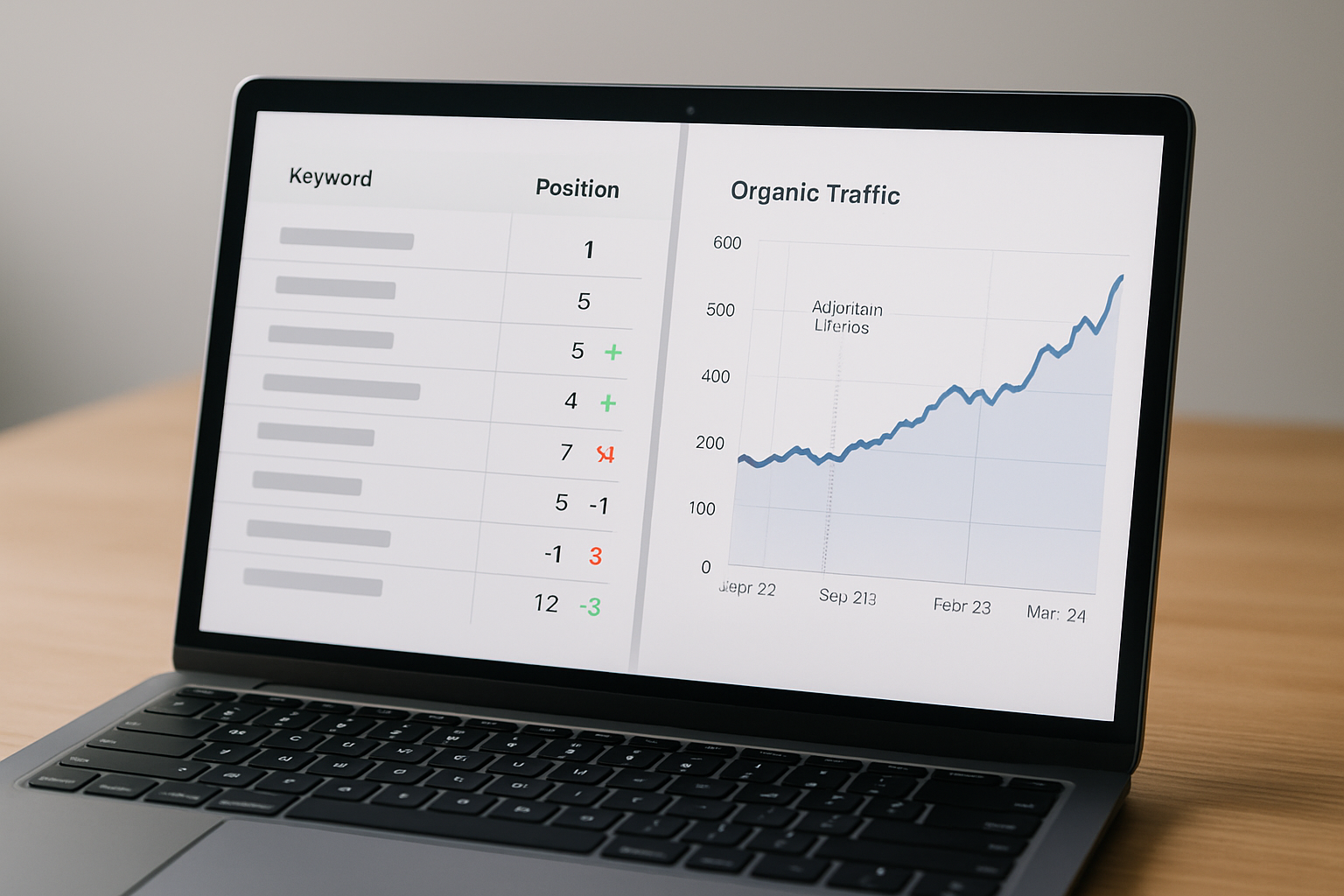 A side-by-side comparison showing two SEO analytics dashboard layouts — one showing a keyword ranking table with color-coded position changes and another showing an organic traffic line graph with annotated algorithm update dates, displayed on a laptop screen
