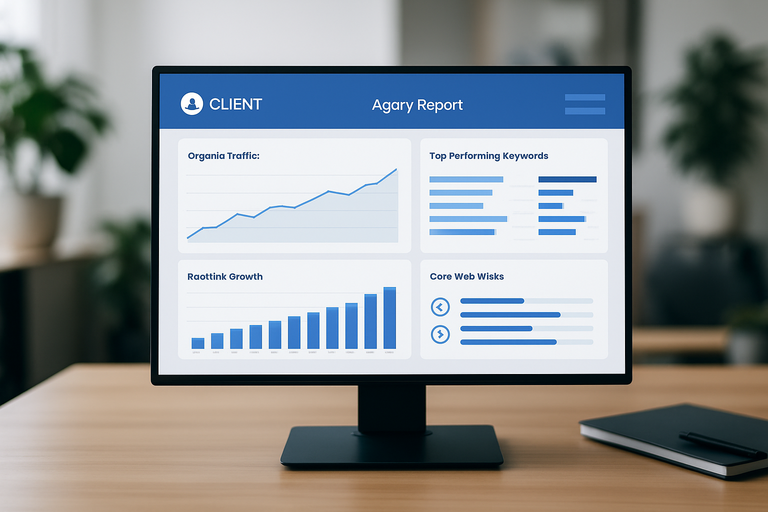 A customized SEO analytics dashboard template on a desktop screen, showing a branded agency report layout with a client logo, organic traffic trend graph, top-performing keywords table, backlink growth chart, and a Core Web Vitals status panel, all using a clean blue and white color scheme
