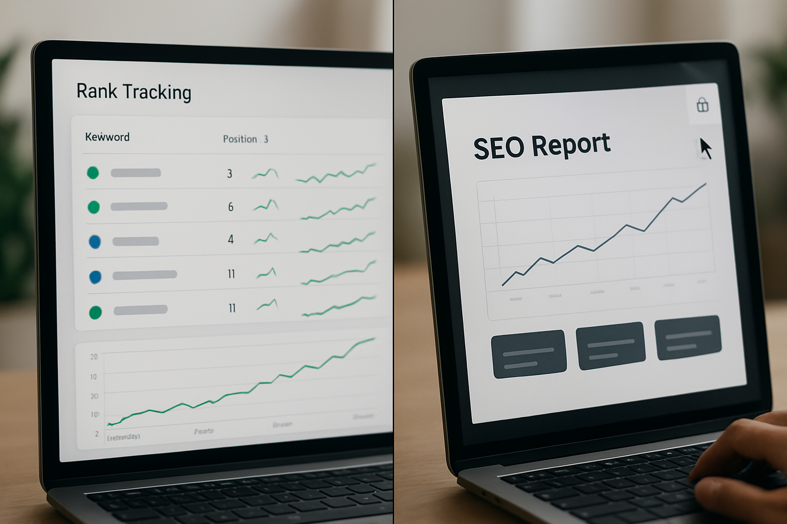 A split-screen comparison showing a SaaS SEO platform's rank tracking dashboard on the left with upward-trending keyword position graphs, and an automated client-ready PDF report being generated on the right