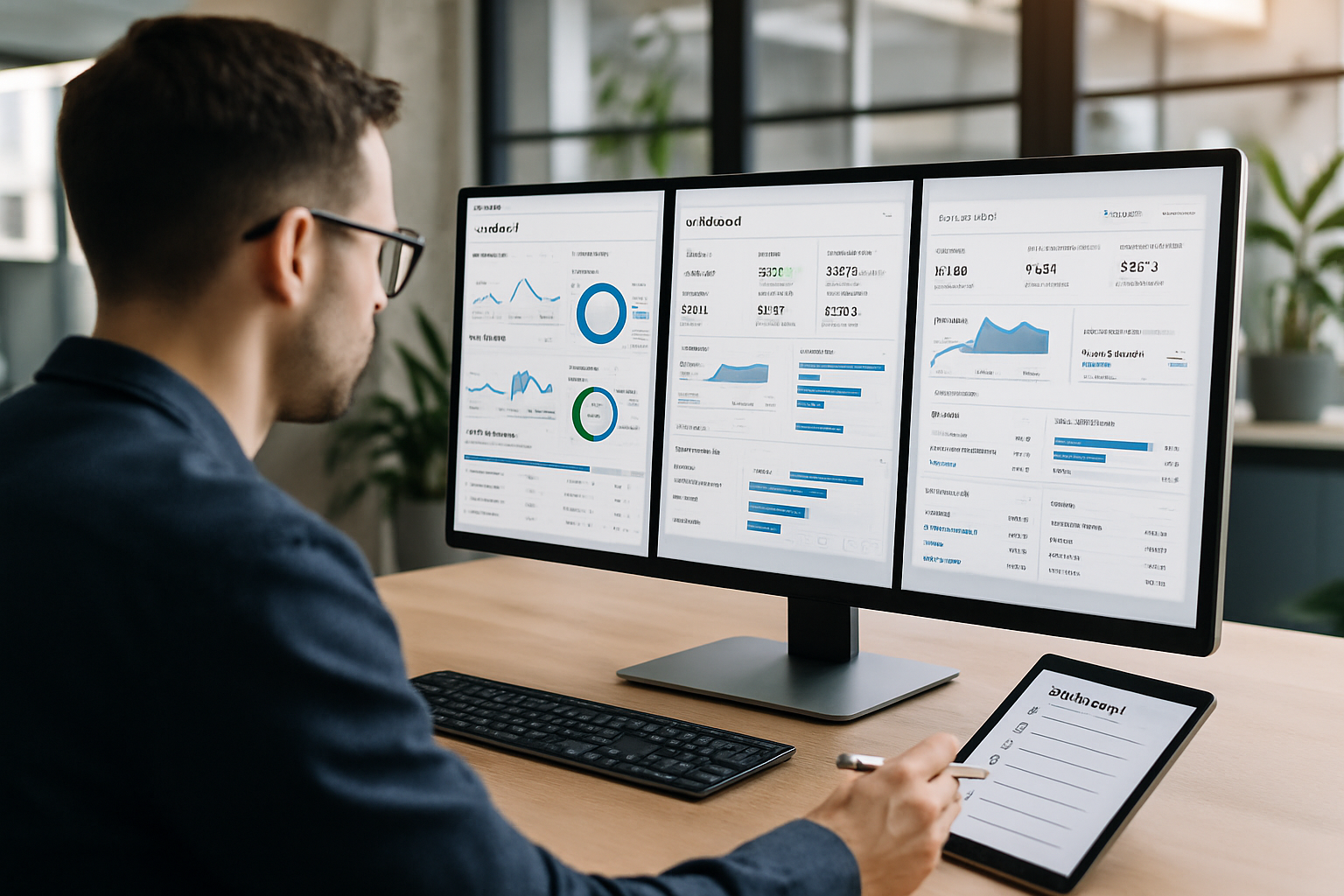 A digital marketer comparing three SaaS SEO platform dashboards side by side on a large monitor, with a checklist evaluation document open on a tablet beside them, in a modern agency office setting