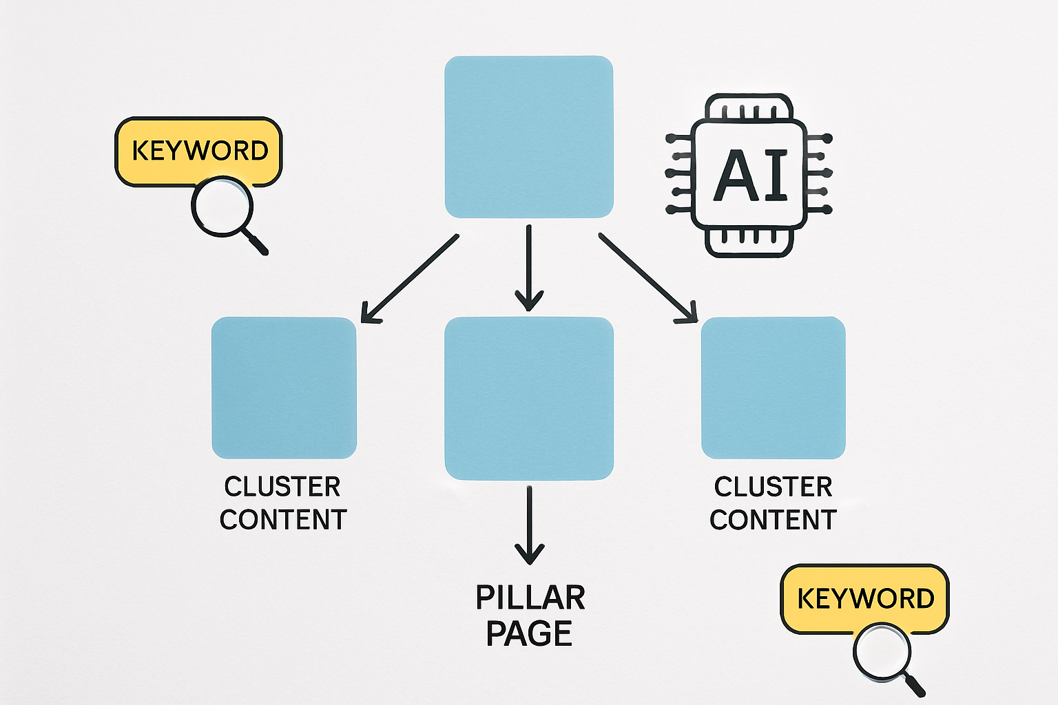 A visual diagram showing a pillar-cluster content model with a central pillar page connected by arrows to multiple surrounding cluster content pages, overlaid with AI optimization icons and keyword tags
