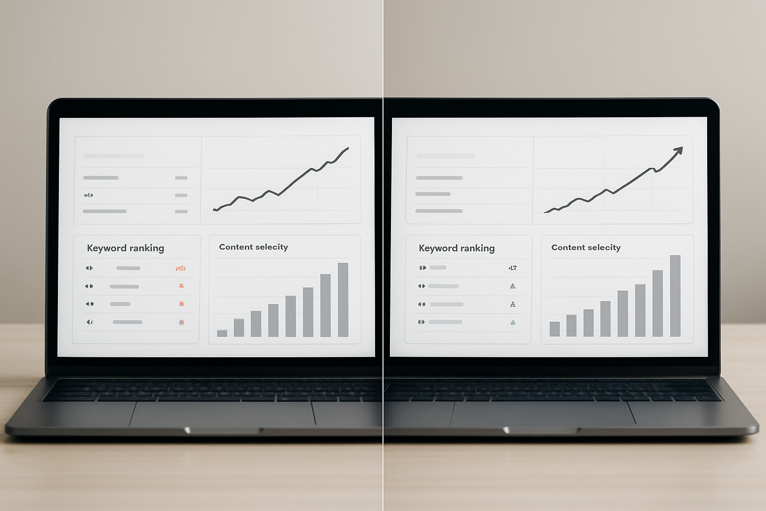 A split-screen comparison showing a content team's monthly organic traffic metrics before and after implementing AI SEO tools, with upward-trending graphs, keyword ranking tables, and content velocity charts displayed on a laptop screen