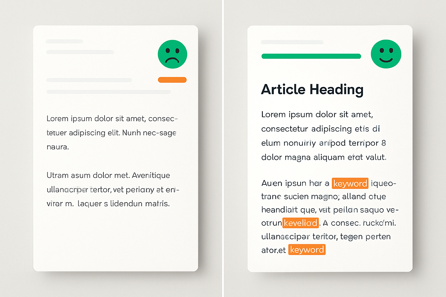 A side-by-side comparison graphic showing a before-and-after view of a web article — left side shows plain unoptimized text with low SEO score, right side shows the same article enhanced with highlighted keywords, improved headings, and a high AI content score — using green and orange accents