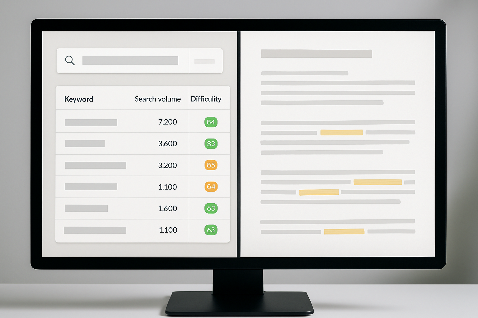 A split-screen image showing a keyword research dashboard on the left with search volume and difficulty metrics, and a well-structured blog post on the right with highlighted keywords — both displayed on a modern desktop monitor