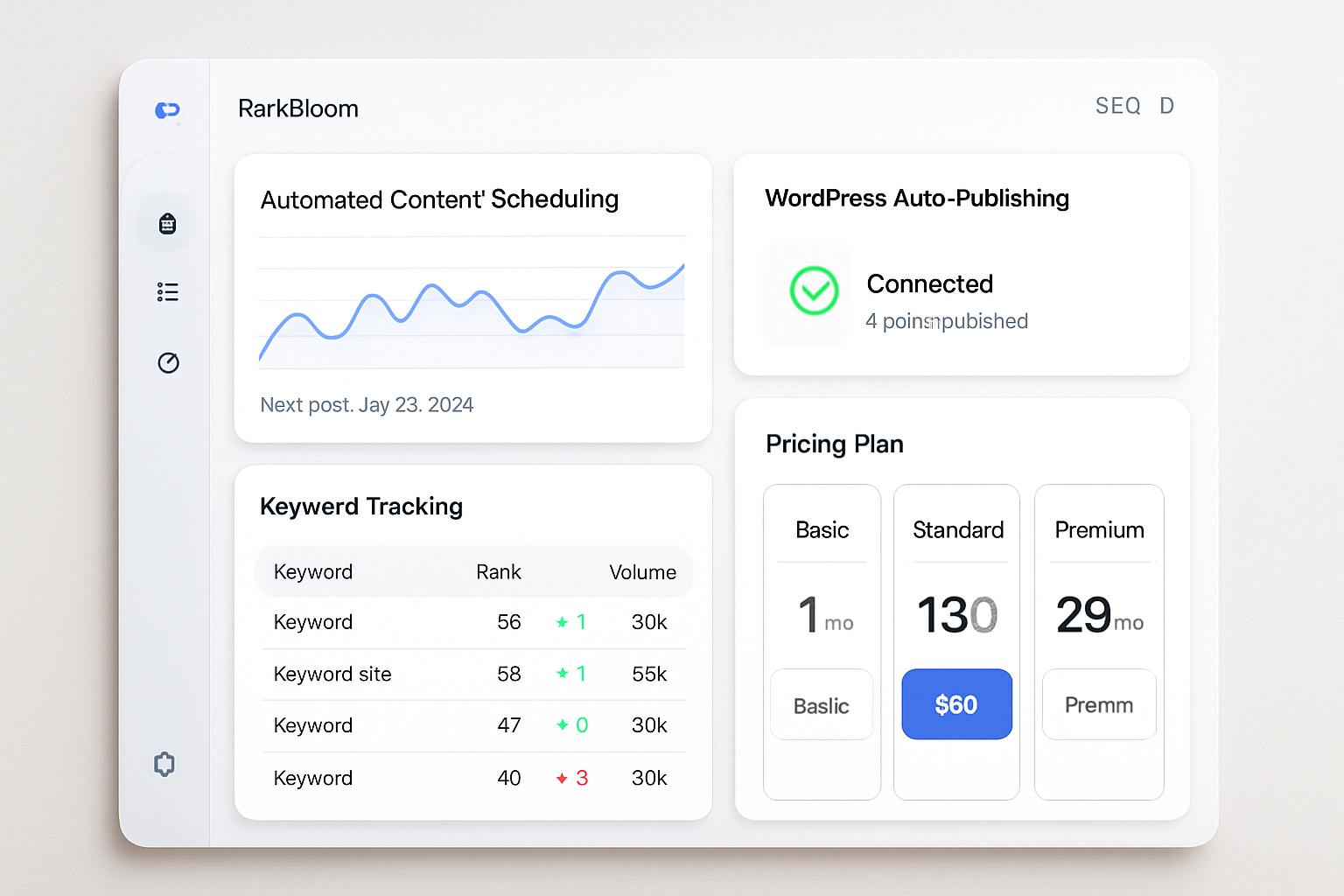 A clean, modern screenshot of the RankBloom SEO dashboard showing automated content scheduling, WordPress auto-publishing status, keyword tracking, and an affordable pricing plan selector — displayed on a bright, professional interface