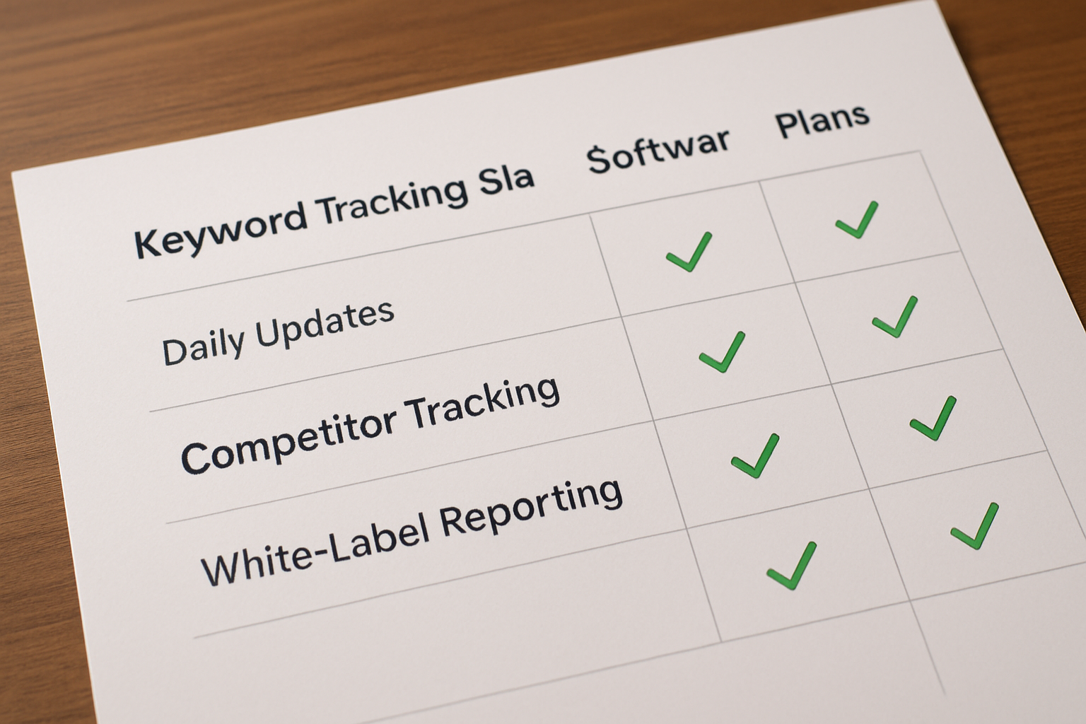 A side-by-side comparison table showing different keyword tracking software plans with features like daily updates, competitor tracking, and white-label reporting highlighted in green checkmarks