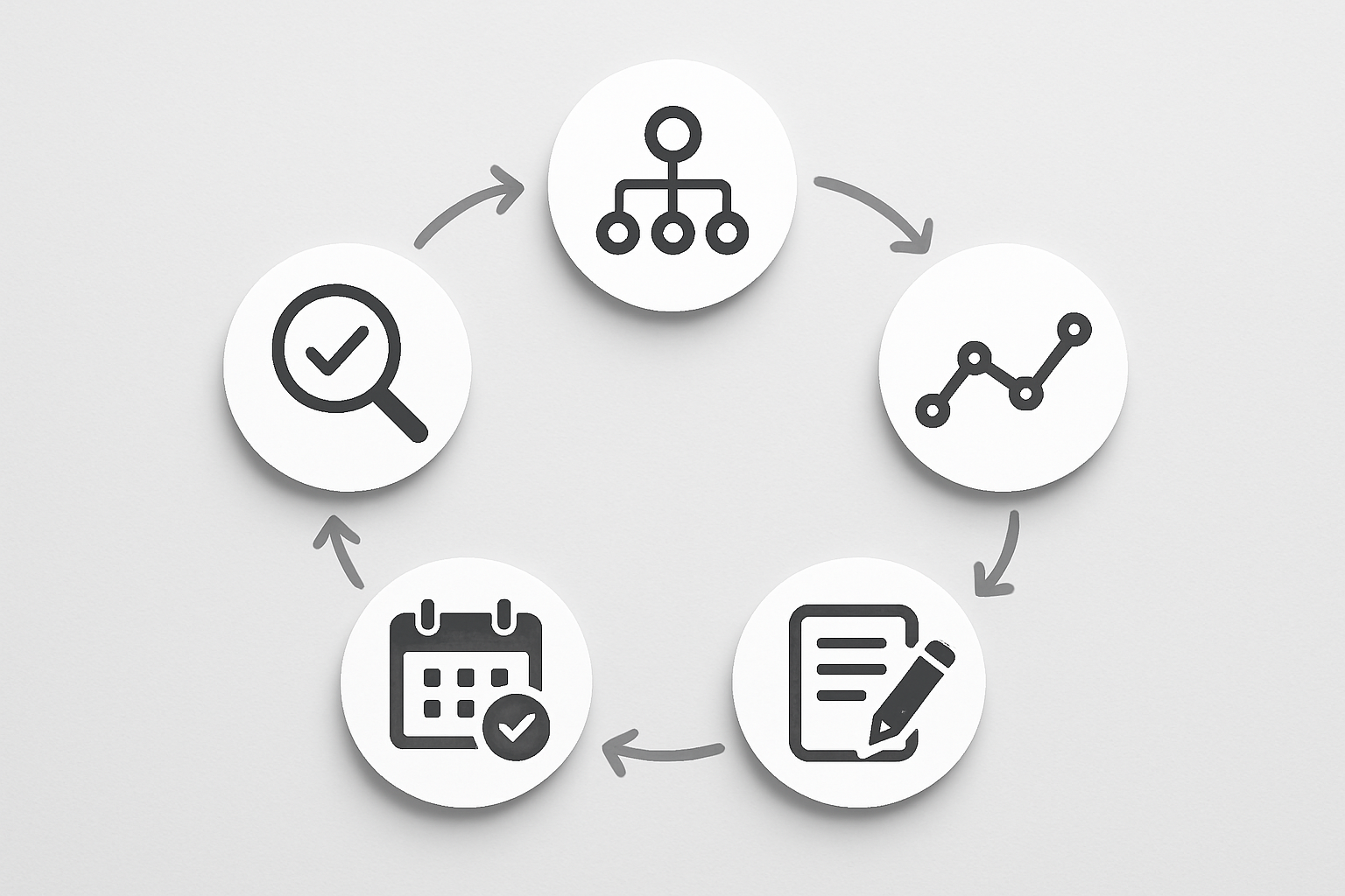 An infographic showing a five-step keyword tracking setup process with icons for keyword research, segmentation, baseline tracking, weekly monitoring, and content creation flowing in a circular loop