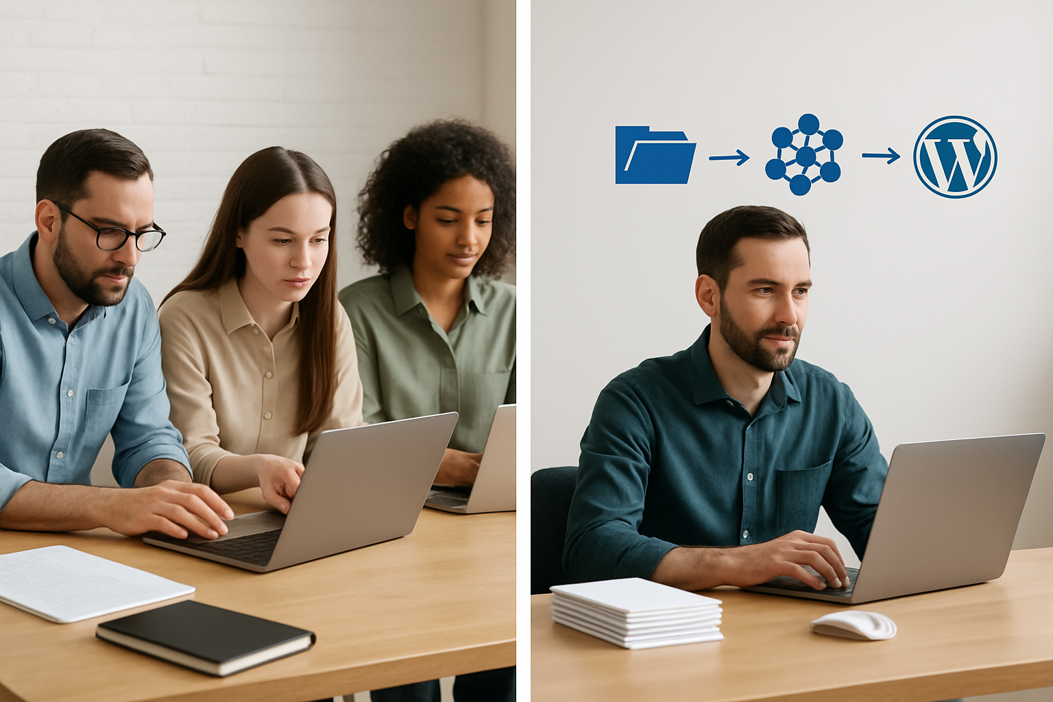 A side-by-side comparison showing a small business team manually publishing blog posts vs. an automated SEO pipeline using RankBloom SEO — illustrating time savings, content volume increase, and WordPress auto-publishing integration