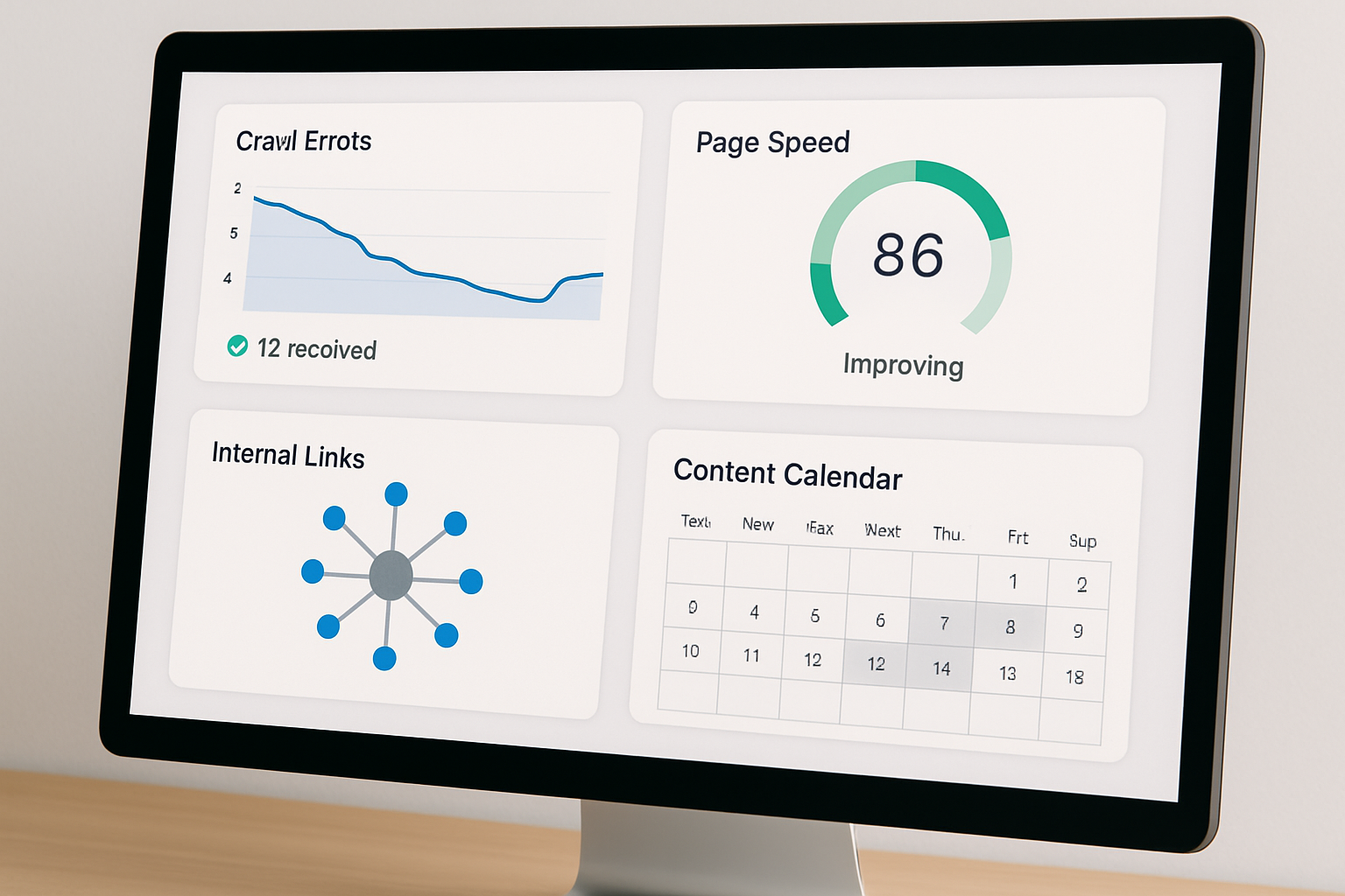 A clean visual dashboard showing a growing business's SEO health metrics — including crawl errors being resolved, page speed scores improving, internal link structure visualized as a hub-and-spoke model, and a content calendar auto-populating with scheduled WordPress posts via RankBloom SEO