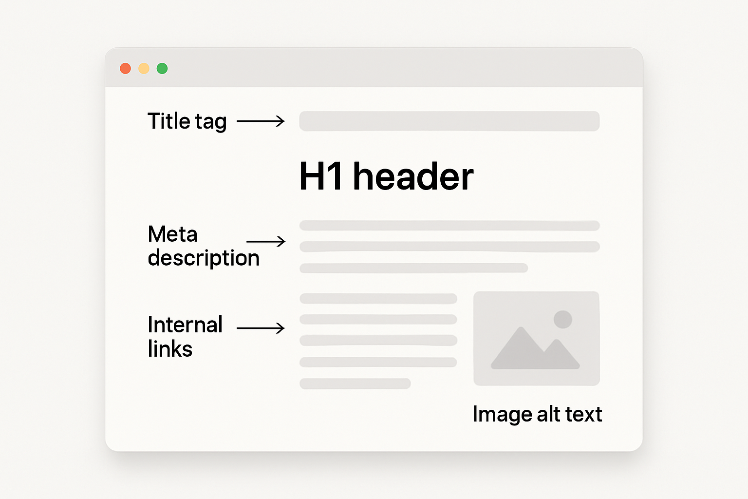 A detailed diagram showing on-page SEO elements on a webpage including title tag, meta description, H1 header, internal links, and image alt text labels with arrows pointing to each section