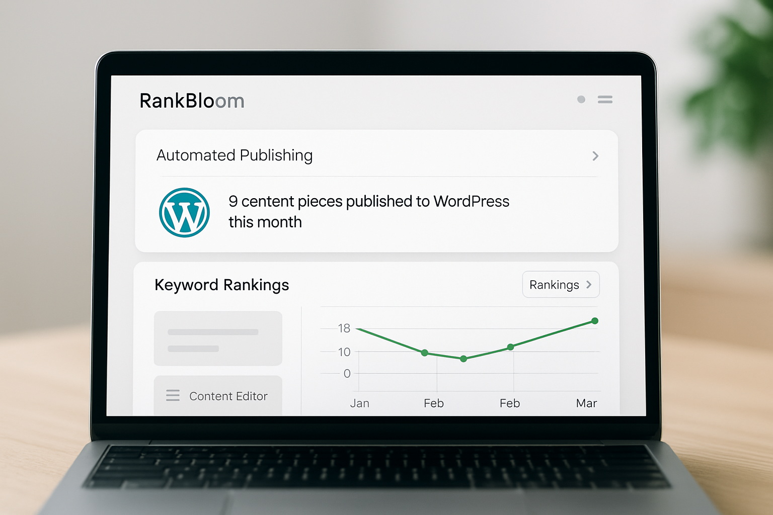 The RankBloom SEO platform dashboard showing automated content publishing to WordPress, keyword rankings improving over time, and a clean intuitive interface designed for small business owners
