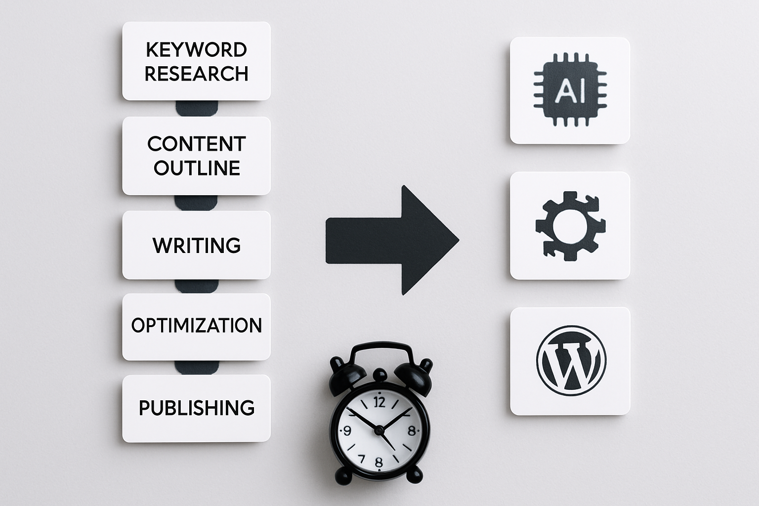 Side-by-side comparison graphic showing a traditional manual SEO workflow with many steps and delays versus a streamlined AI SEO workflow with automated publishing to WordPress, illustrating speed and efficiency gains for small businesses and agencies
