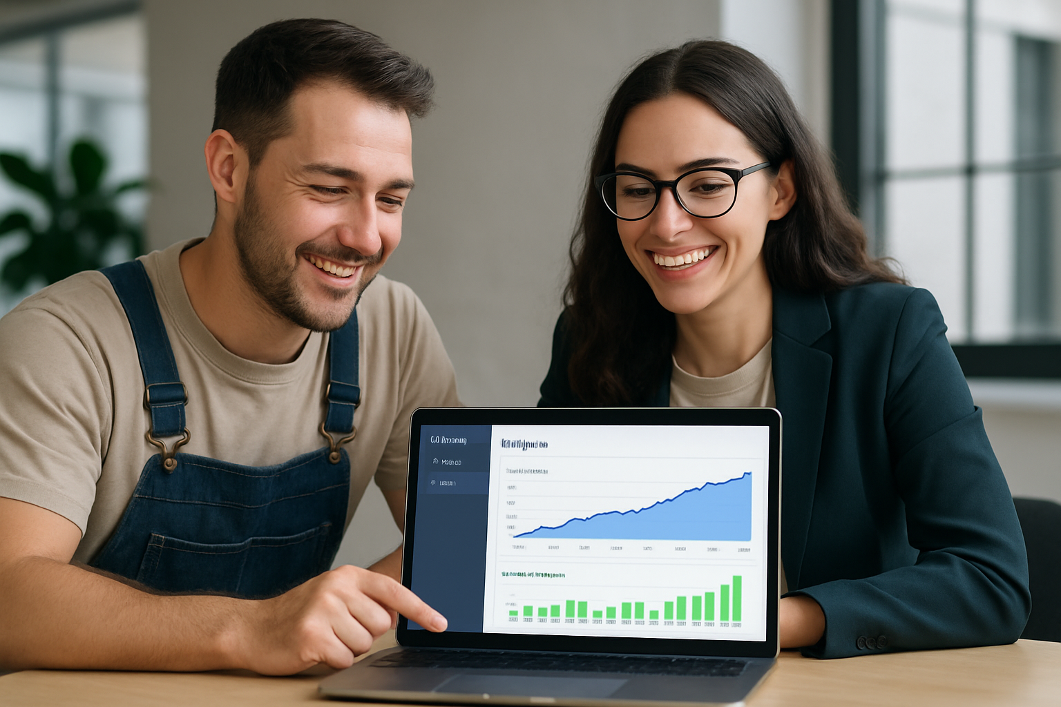 A small business owner and a marketing agency team member smiling while reviewing an analytics dashboard on a laptop, showing organic traffic growth charts and keyword ranking improvements — illustrating the practical benefits of using affordable AI SEO software like RankBloom SEO