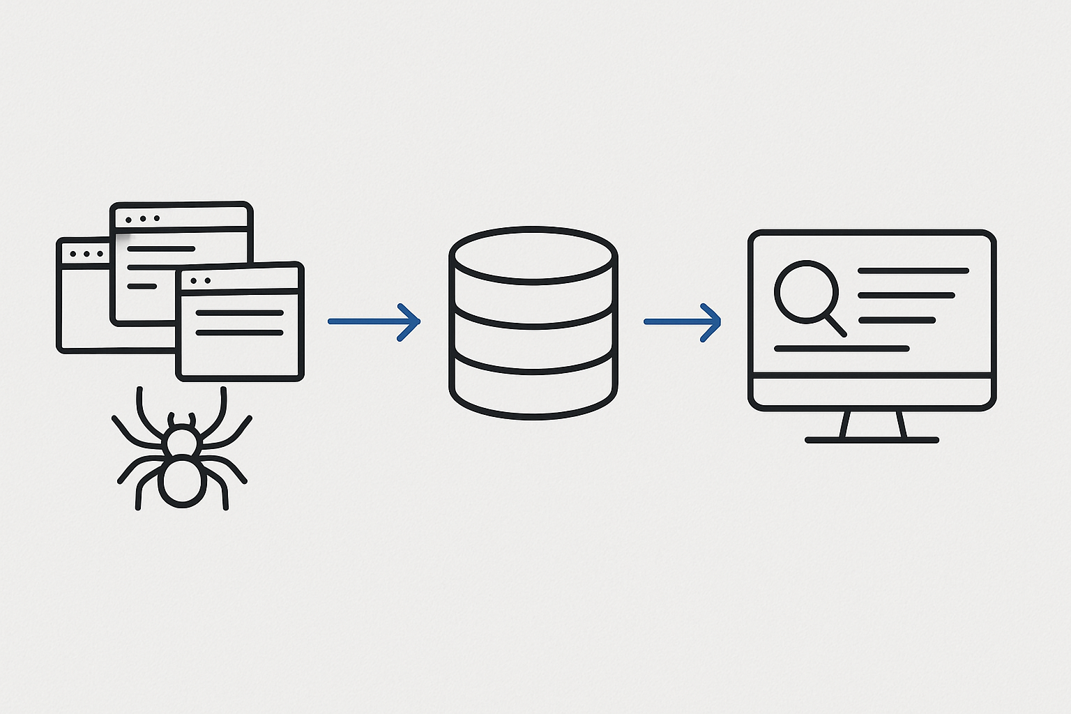 A step-by-step diagram showing how a search engine works — starting with a spider bot crawling web pages, followed by an index database storing information, and finally a ranked list of search results displayed to a user, illustrated in a simple flowchart style with blue arrows on a light gray background