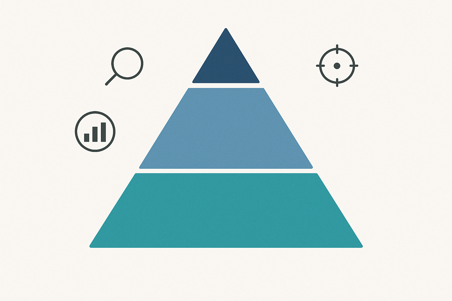 An infographic illustrating keyword research strategy, showing a pyramid with broad keywords at the top and long-tail keywords forming the wide base, with icons representing search volume and competition levels