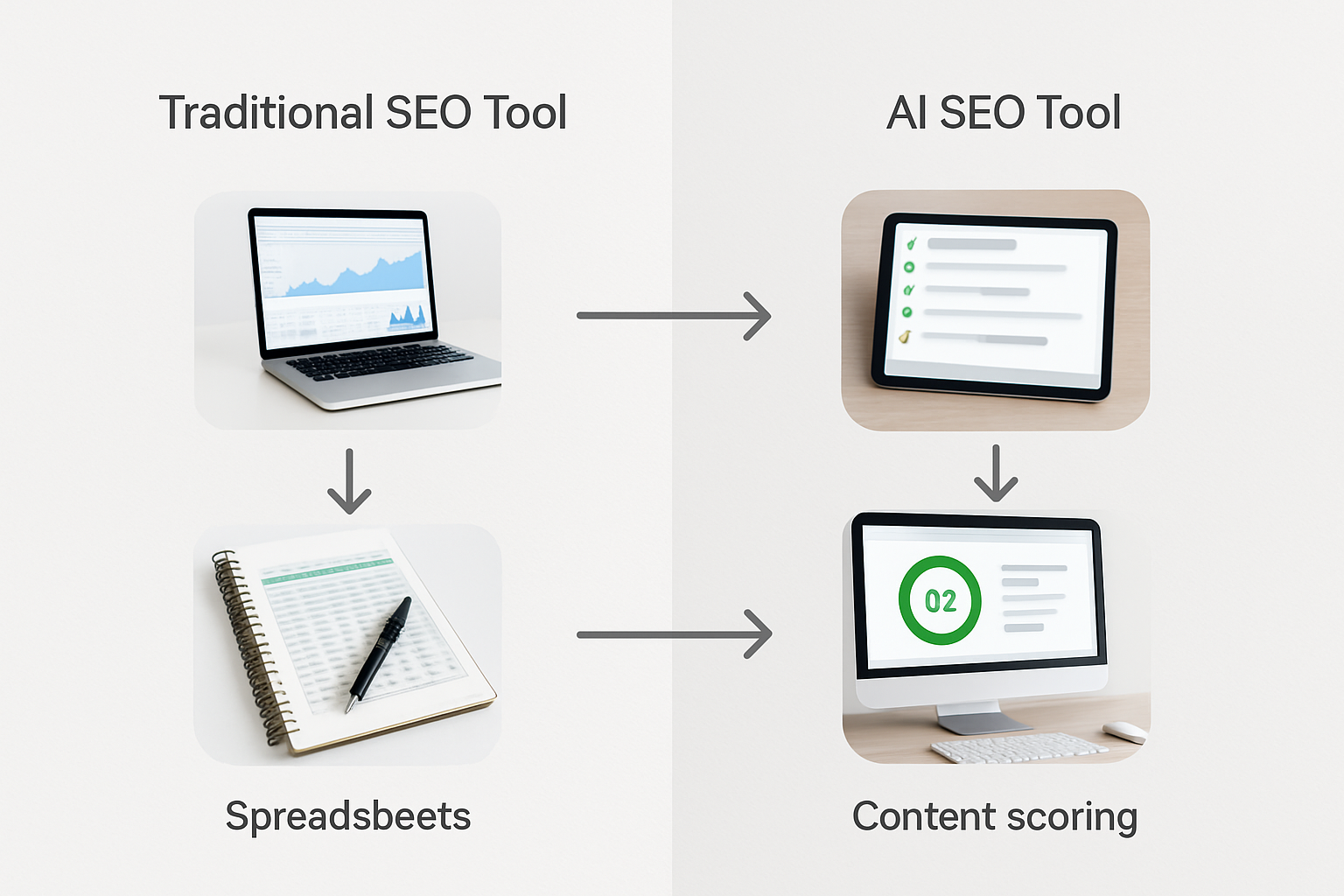 A side-by-side comparison graphic showing the workflow difference between a traditional SEO tool with manual data exports and spreadsheets versus an AI SEO tool with automated recommendations, content scoring, and real-time alerts