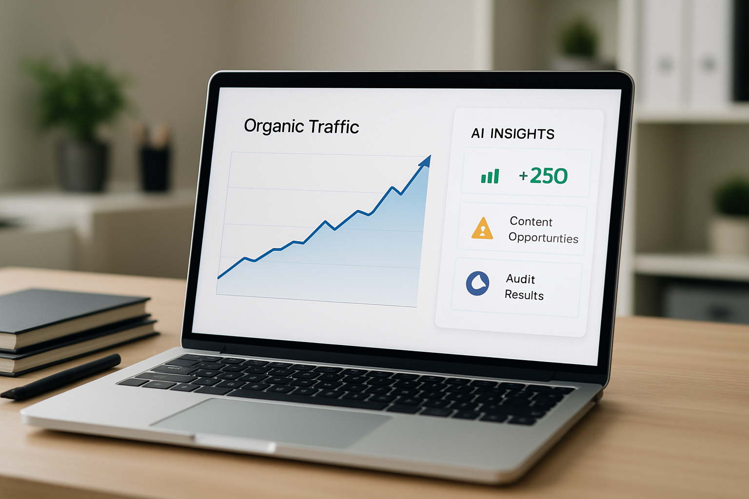 An upward-trending organic traffic graph with AI-generated insights panel alongside it, showing keyword gains, content opportunities flagged by AI, and automated audit results displayed on a laptop screen in a professional workspace setting