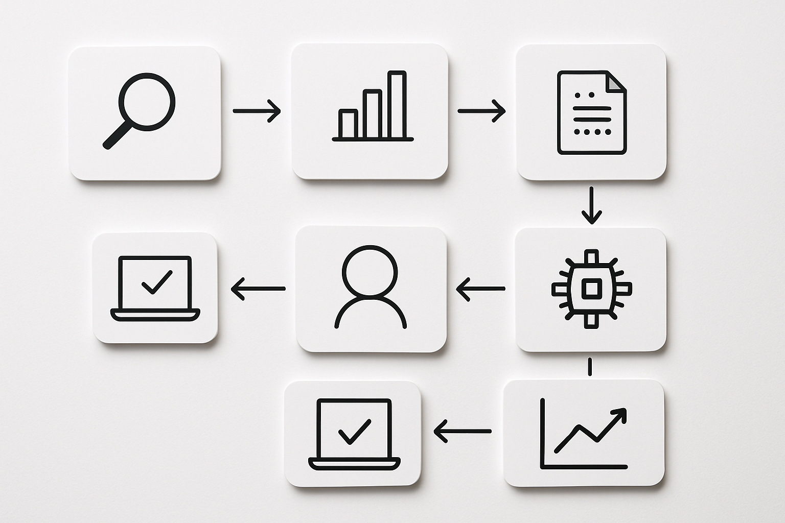 A flowchart showing the lifecycle of a piece of AI-generated SEO content: keyword input → competitor analysis → content brief → AI draft generation → real-time optimization scoring → human review → publish → rank tracking dashboard