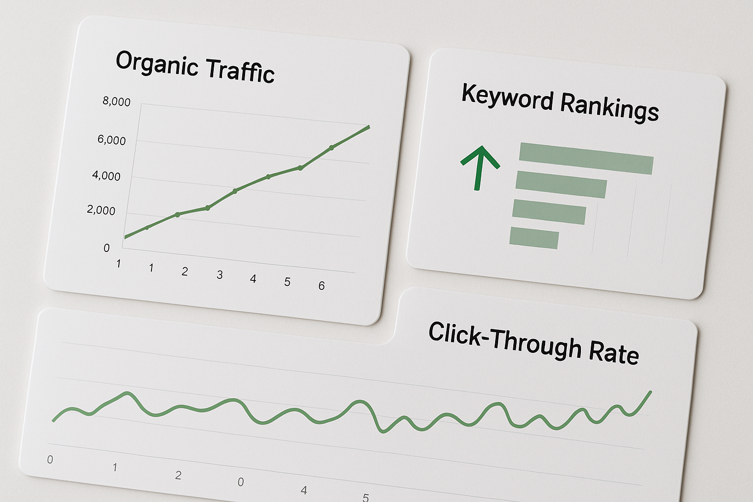 A clean analytics dashboard showing key content performance metrics: organic traffic growth curve over 6 months, keyword ranking improvements, and click-through rate trends — all labeled clearly against a light background with green upward-trending arrows
